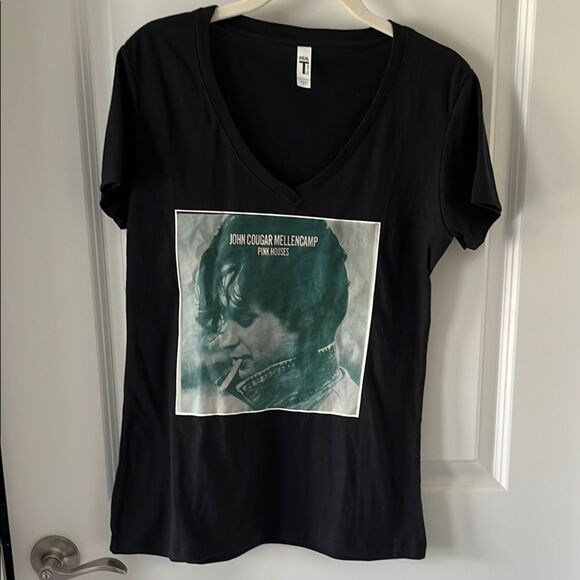 John Cougar Mellencamp Pink Houses Double sided V Neck Tee VTG SZ L - Picture 1 of 6